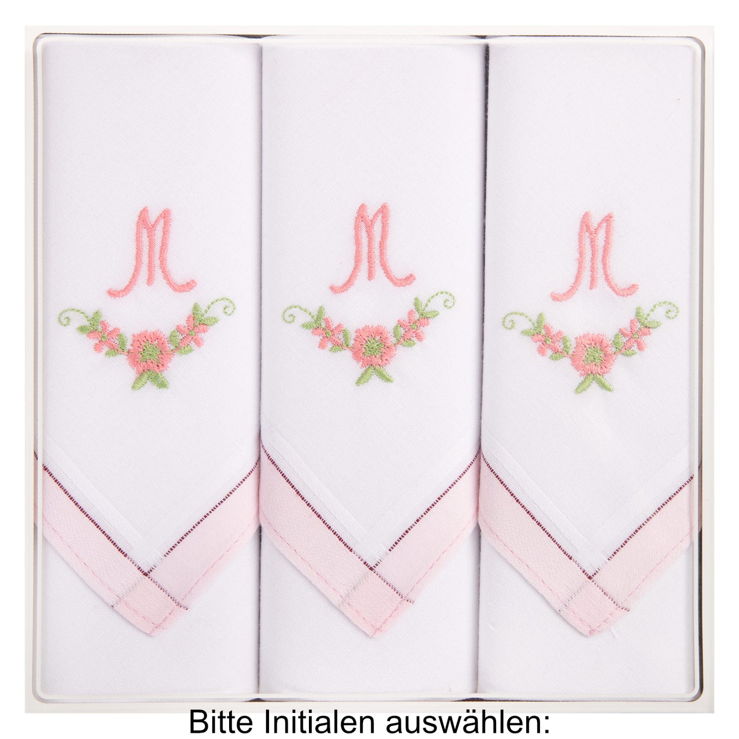 3 Stck Damen-Stofftaschentücher mit Monogramm bestickt - rosa Taschentuch mit rosa Stick