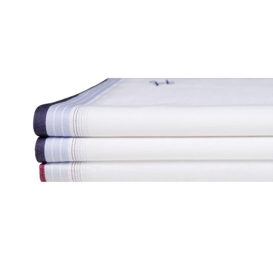 3 Stck Herren Stofftaschentücher mit Monogramm bestickt - mit farbigem Rand und Satinstreifen 100% Baumwolle