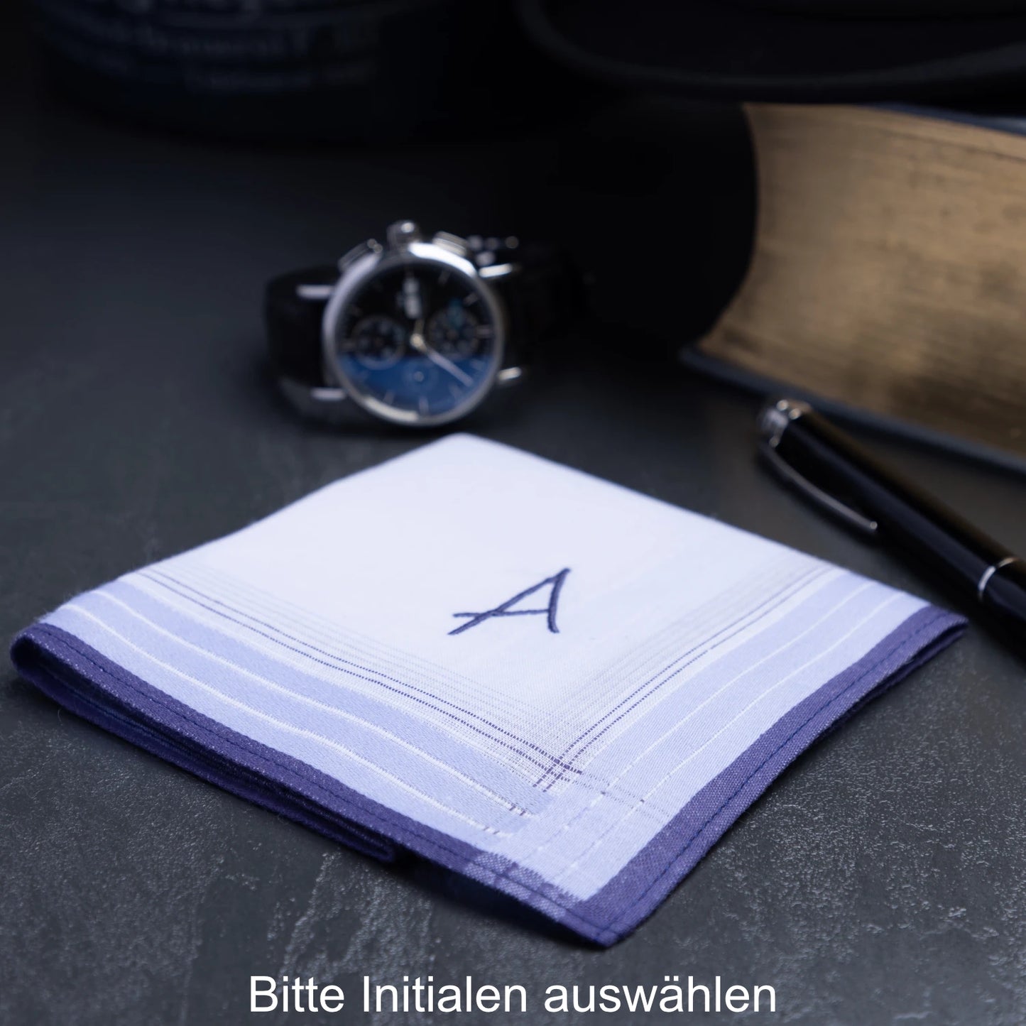 3 Stck Herren Stofftaschentücher mit Monogramm bestickt - mit farbigem Rand und Satinstreifen 100% Baumwolle