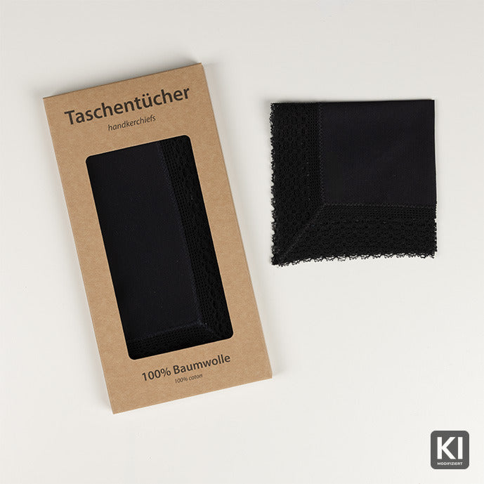 2er Set Trauertaschentuch mit Spitzenrand schwarz | 100% Baumwolle