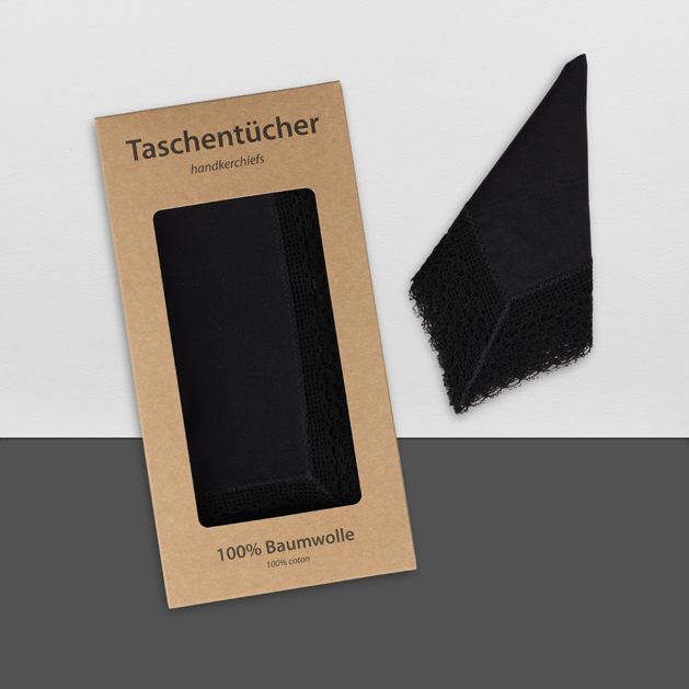 2er Set Trauertaschentuch mit Spitzenrand schwarz | 100% Baumwolle