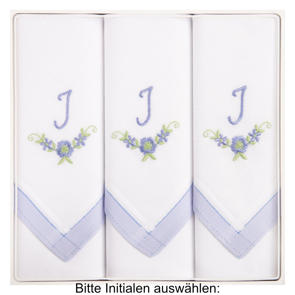 3 Stck Damen-Stofftaschentücher mit Monogramm bestickt - weisses Taschentuch mit blauen Stick