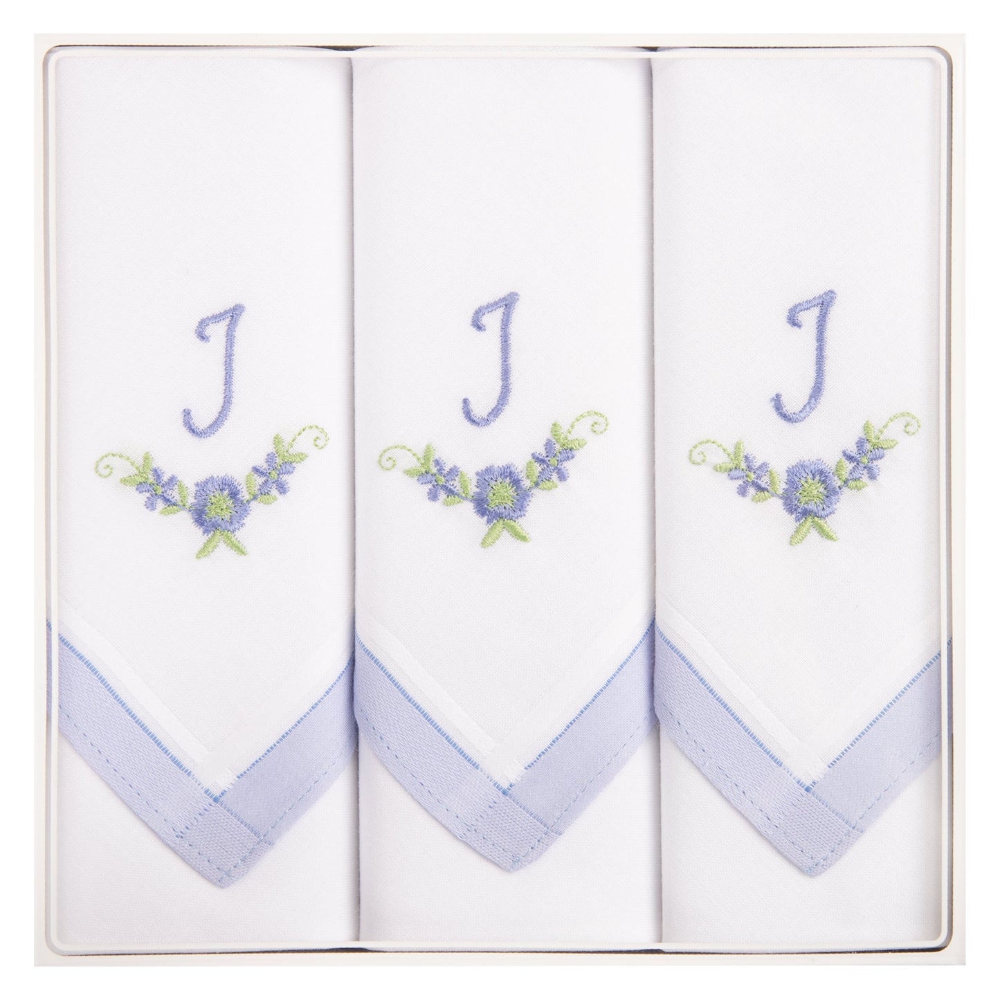 3 Stck Damen-Stofftaschentücher mit Monogramm bestickt - weisses Taschentuch mit blauen Stick