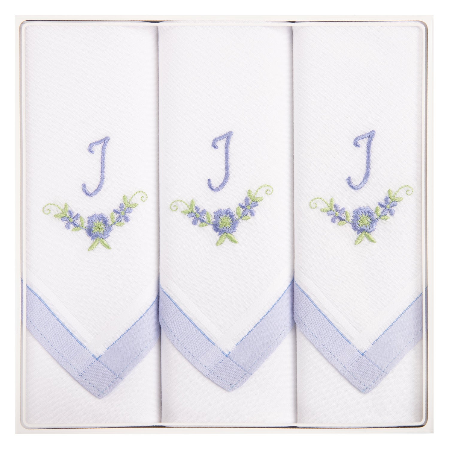 3 Stck Damen-Stofftaschentücher mit Monogramm bestickt - weisses Taschentuch mit blauen Stick