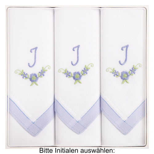3 Stck Damen-Stofftaschentücher mit Monogramm bestickt - weisses Taschentuch mit blauen Stick