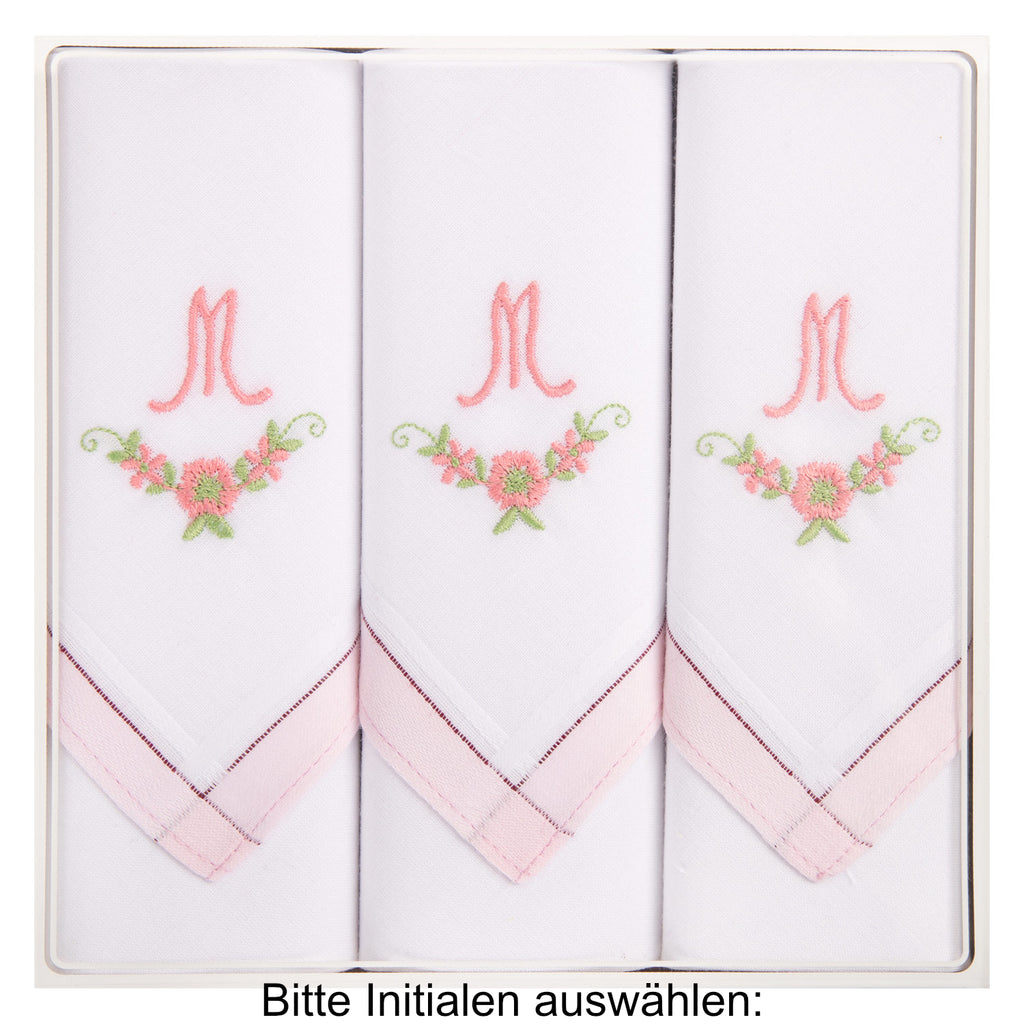 3 Stck Damen-Stofftaschentücher mit Monogramm bestickt - rosa Taschentuch mit rosa Stick
