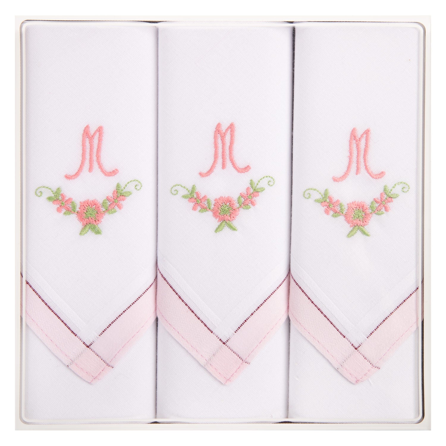 3 Stck Damen-Stofftaschentücher mit Monogramm bestickt - rosa Taschentuch mit rosa Stick