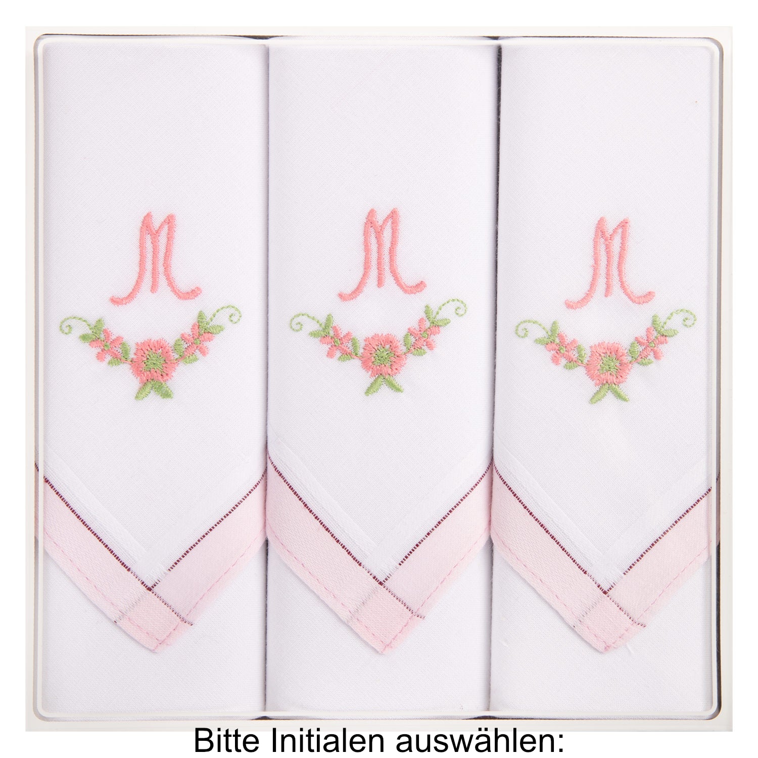 3 Stck Damen-Stofftaschentücher mit Monogramm bestickt - rosa Taschentuch mit rosa Stick