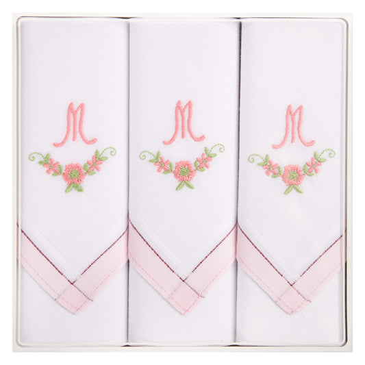 3 Stck Damen-Stofftaschentücher mit Monogramm bestickt - rosa Taschentuch mit rosa Stick