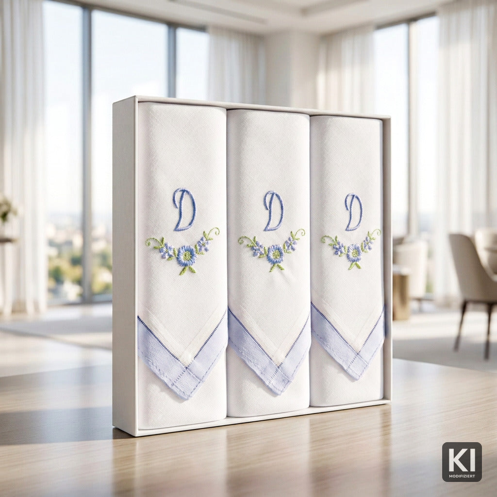 3 Stck Damen-Stofftaschentücher mit Monogramm bestickt - weisses Taschentuch mit blauen Stick