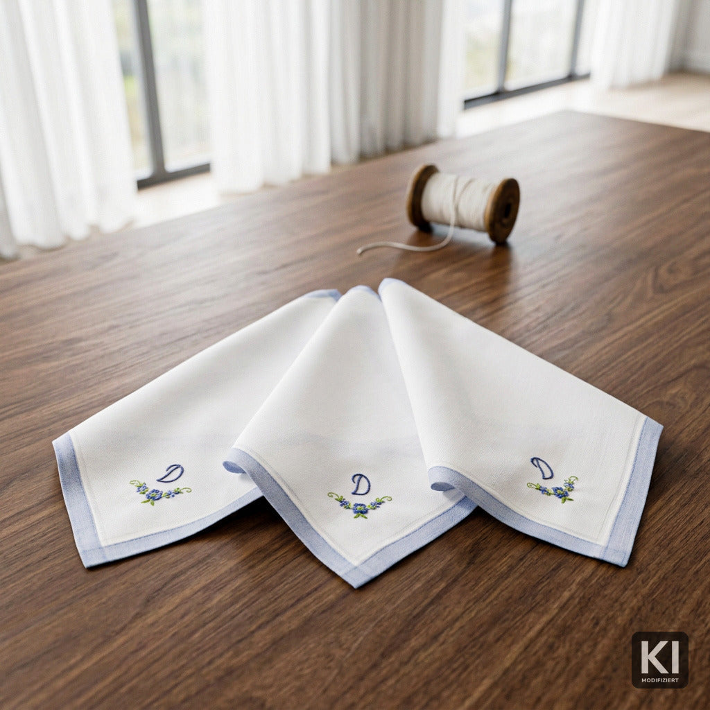 3 Stck Damen-Stofftaschentücher mit Monogramm bestickt - weisses Taschentuch mit blauen Stick