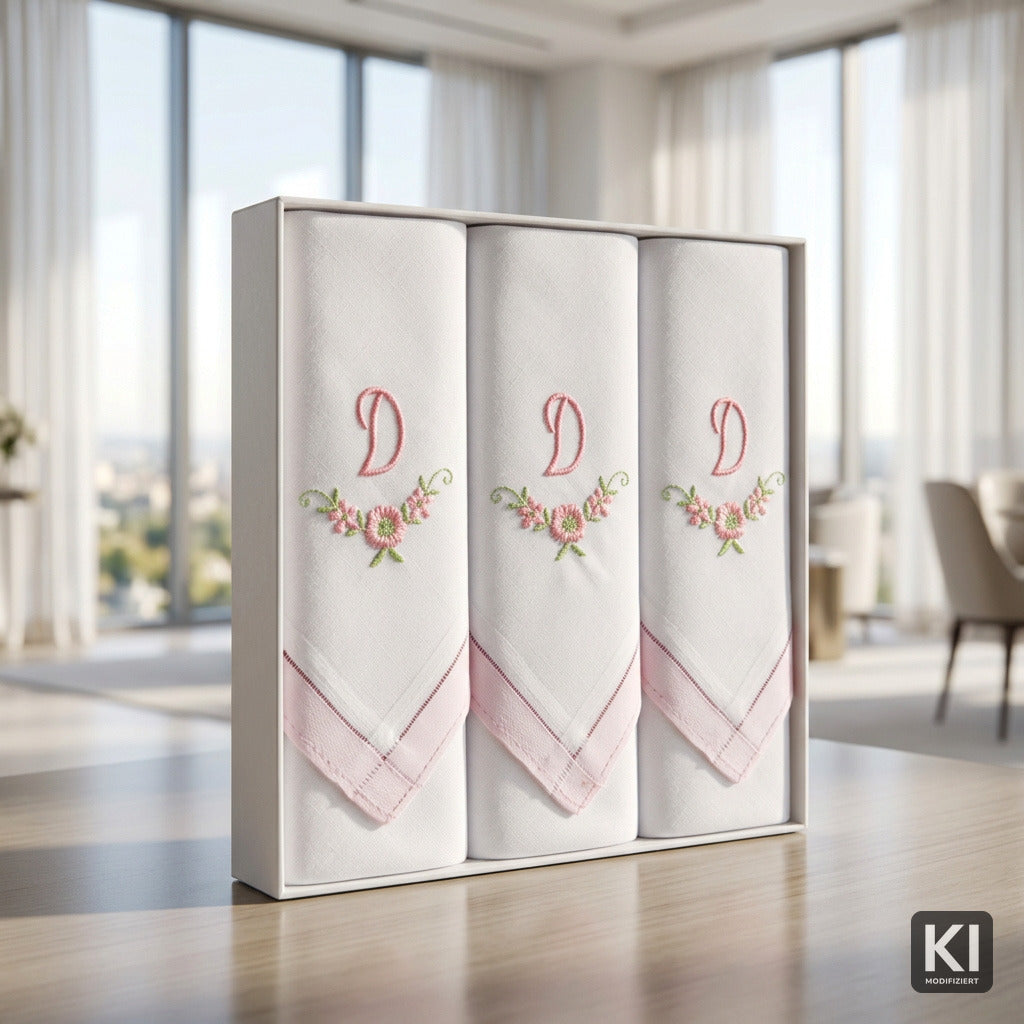 3 Stck Damen-Stofftaschentücher mit Monogramm bestickt - rosa Taschentuch mit rosa Stick