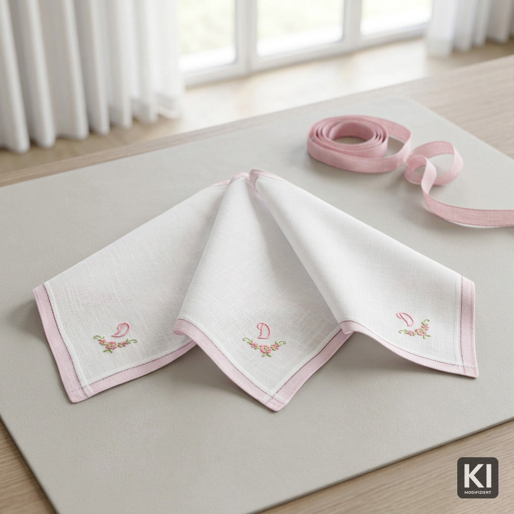 3 Stck Damen-Stofftaschentücher mit Monogramm bestickt - rosa Taschentuch mit rosa Stick