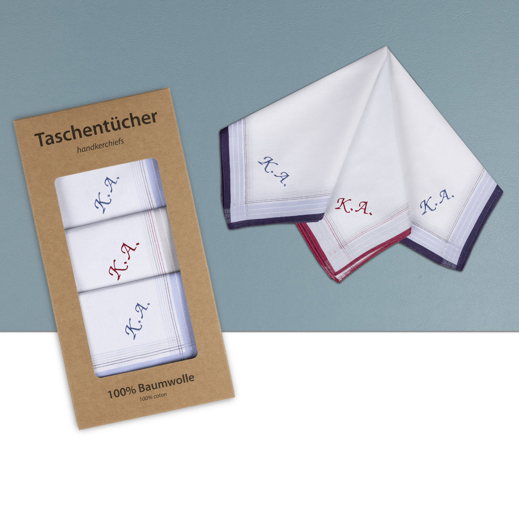 Individuell besticktes 3er Set Taschentücher | verschiedene Designs | 3 Monogramm-Taschentücher mit Wunschbestickung