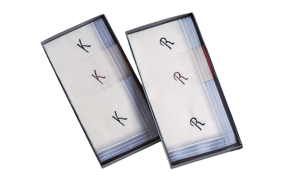 3 Stck Herren Stofftaschentücher mit Monogramm bestickt - mit farbigem Rand und Satinstreifen 100% Baumwolle
