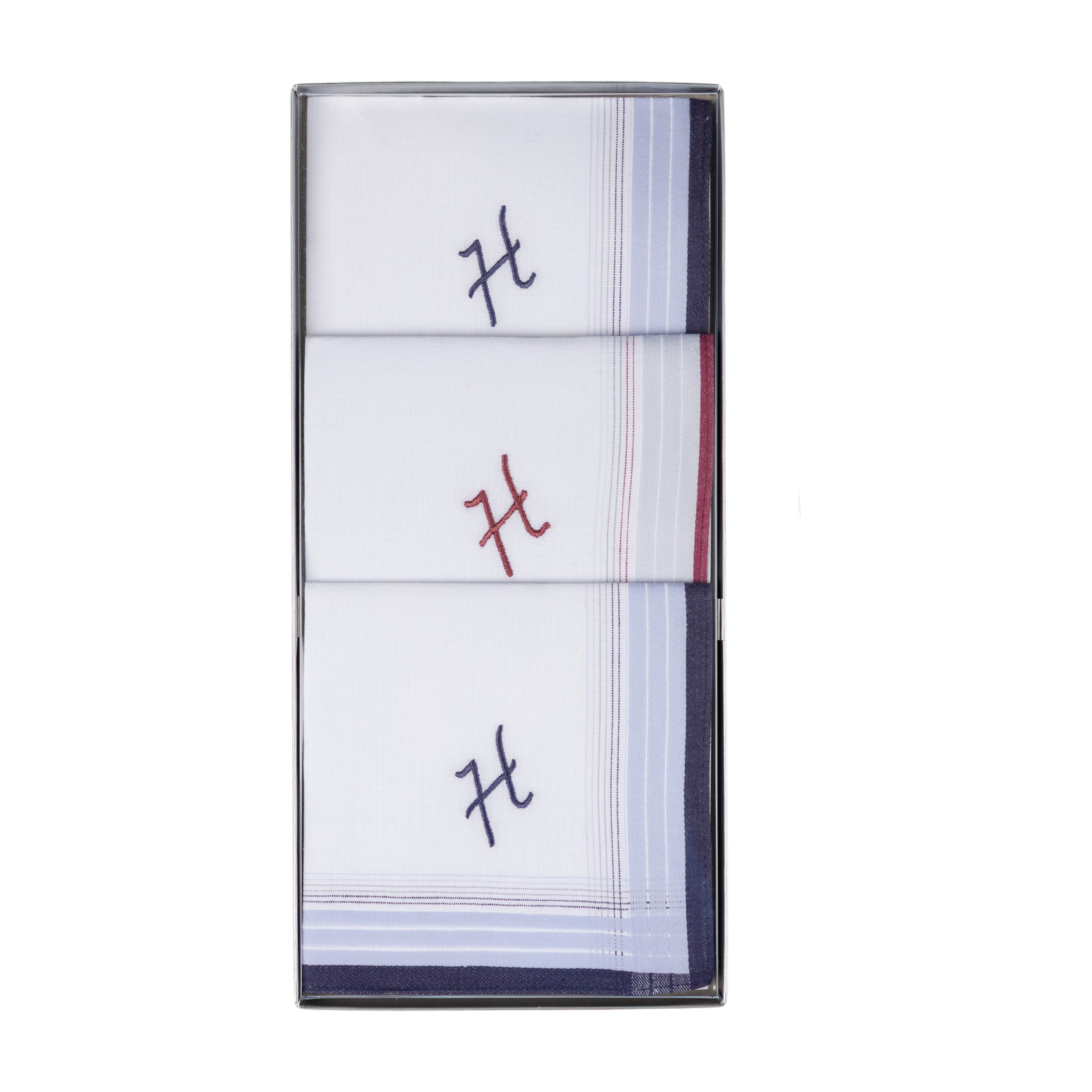 3 Stck Herren Stofftaschentücher mit Monogramm bestickt - mit farbigem Rand und Satinstreifen 100% Baumwolle