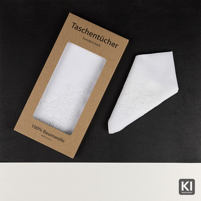 1 handrolliertes Taschentuch | weiß | Echte Handwerkskunst mit aufwändiger Bestickung | 31x31cm