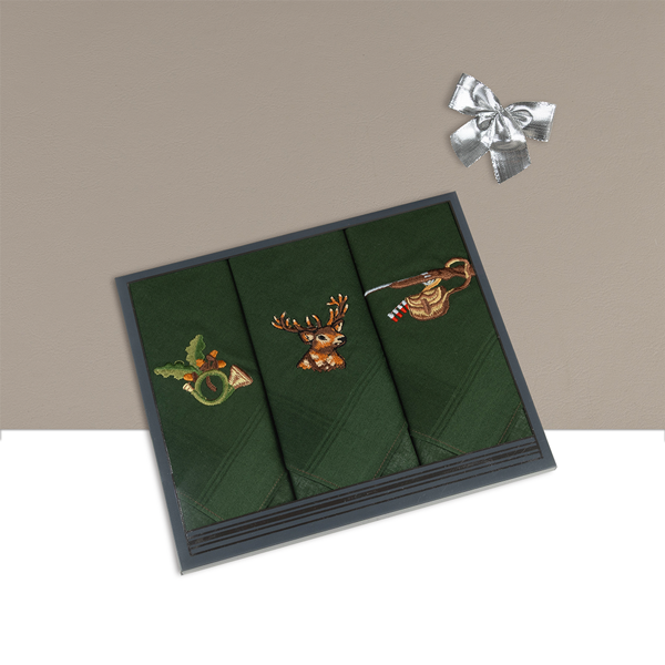 3er Set Geschenkbox | Herrentaschentücher mit Stick | Jagdmotiv 41x41cm