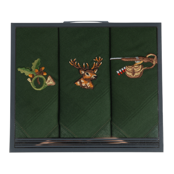 3er Set Geschenkbox | Herrentaschentücher mit Stick | Jagdmotiv 41x41cm