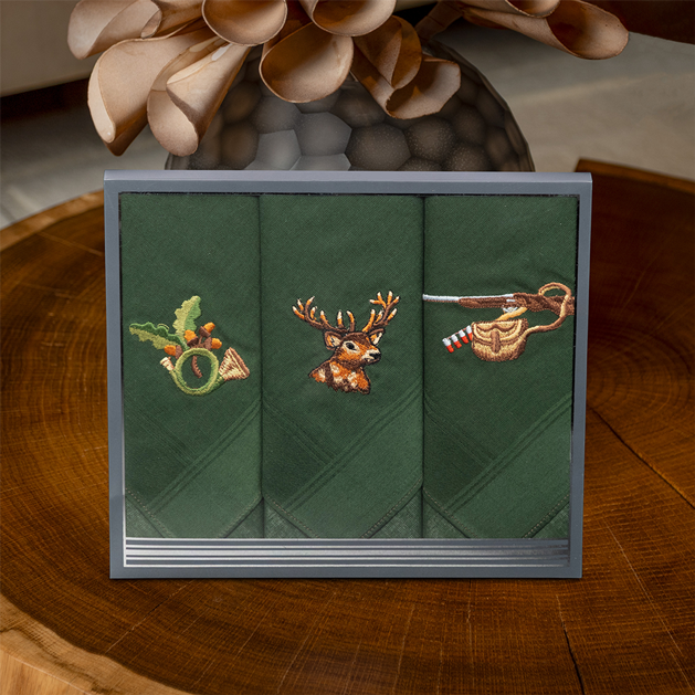 3er Set Geschenkbox | Herrentaschentücher mit Stick | Jagdmotiv 41x41cm